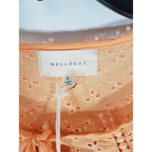 Melloday Paisley Print Peach Blouse With Eyelet Design & Tie Neckline Small - Picture 3 of 10